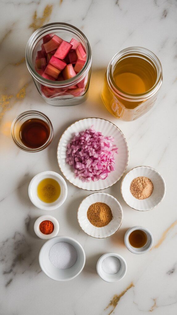 inely diced rhubarb on a small plate, finely chopped red onion in a small clear jar, olive oil on a small plate, brown sugar on a small plate, maple syrup in a tiny jar, apple cider vinegar in a clear glass jar, smoked paprika and chipotle powder in pinch dishes, salt in a pinch dish, and water in a clear glass jar, all stored in unlabeled jars or plates