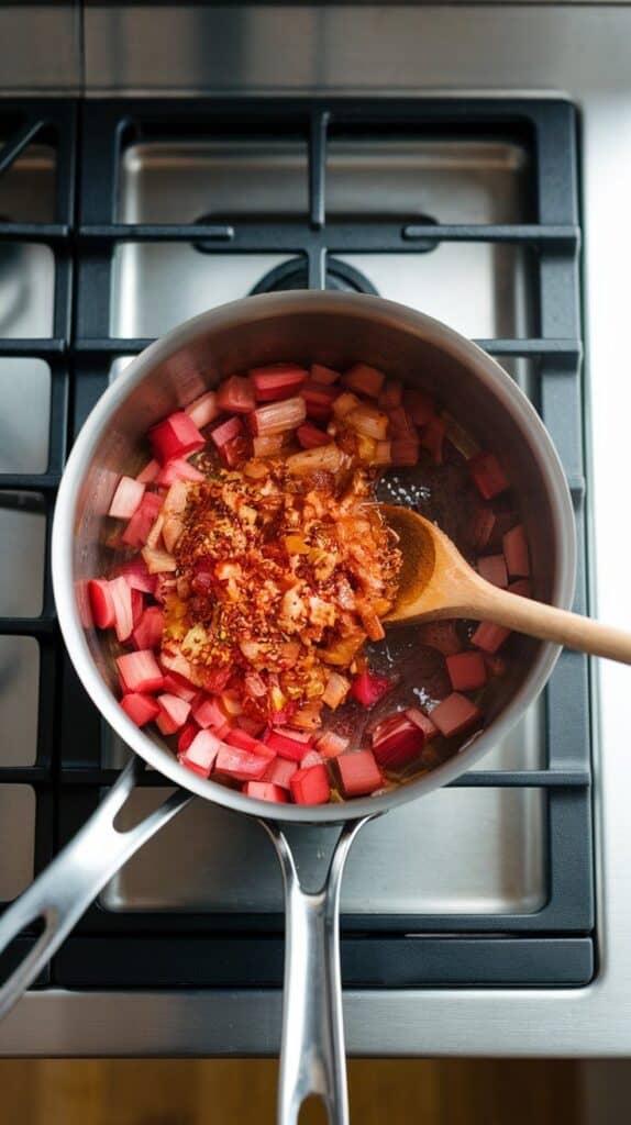 apple cider vinegar and water being poured into the thick spice mixture in the saucepan, ingredients combining into a smooth glaze base