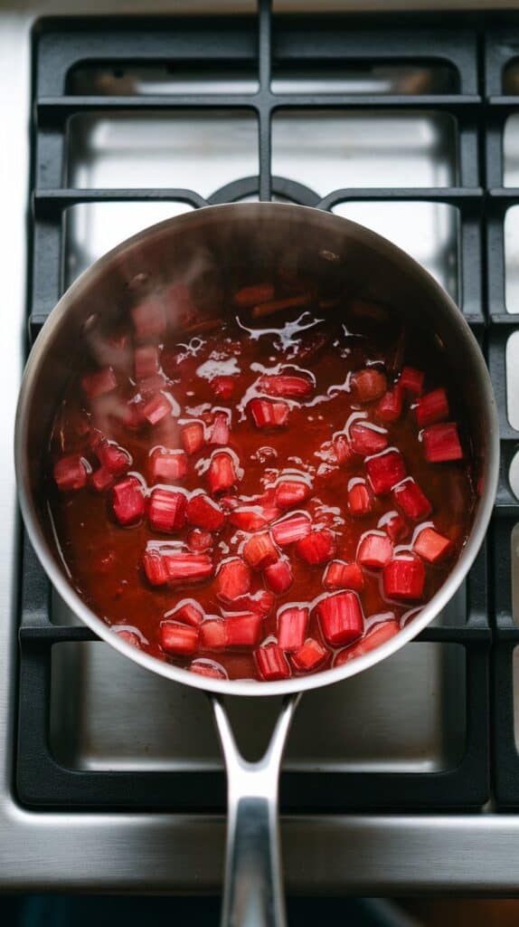 the smoky rhubarb BBQ glaze bubbling gently in the saucepan, visibly thick and glossy, steam rising slightly