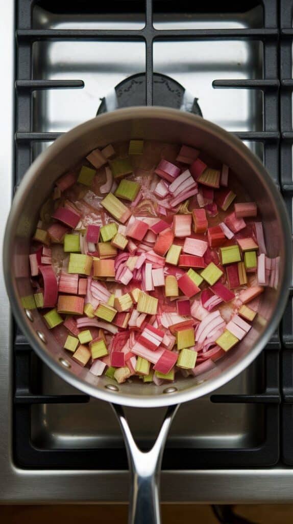 diced rhubarb just added to softened onions in a saucepan, ingredients beginning to mix and steam slightly