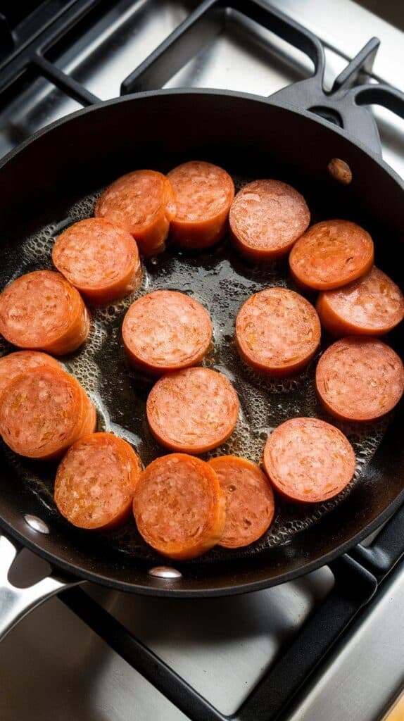 golden-brown kielbasa slices sizzling in oil in a nonstick skillet. Modern stainless steel gas stove.