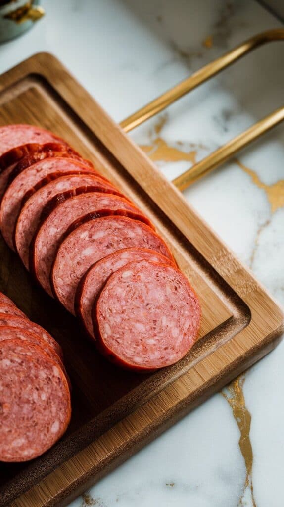 kielbasa slices arranged on a wooden cutting board, bright pink centers and browned edges visible