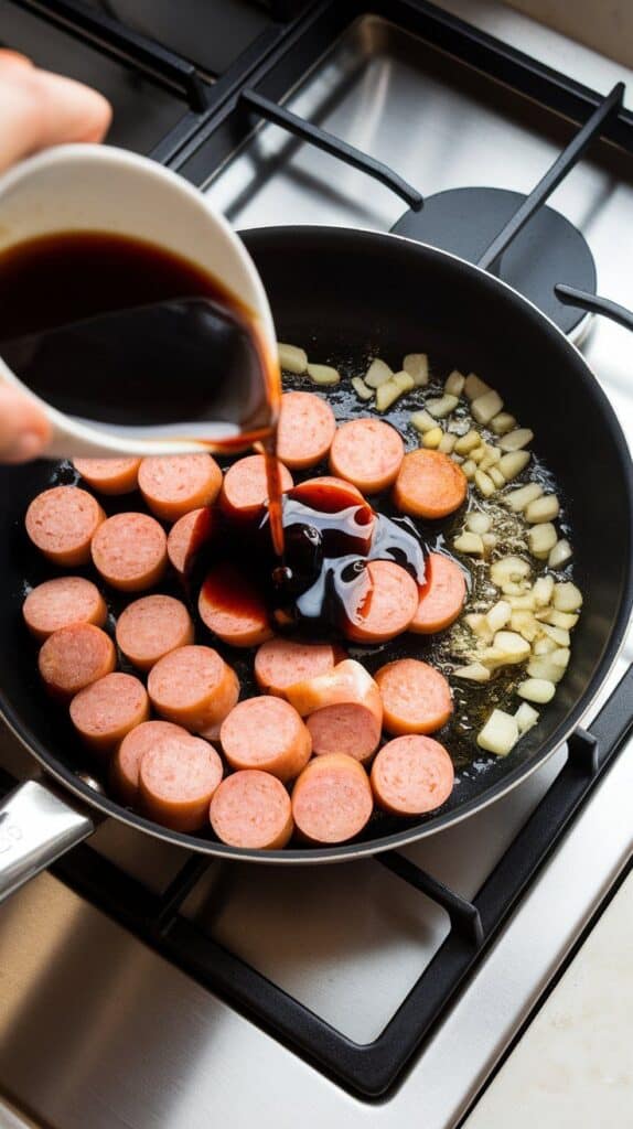 garlic sizzling in oil, soy sauce and sriracha being poured over kielbasa in the skillet.