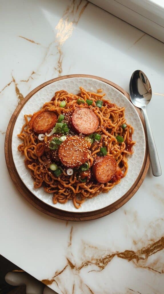 plated spicy kielbasa ramen stir fry with green onions and sesame seeds on top.