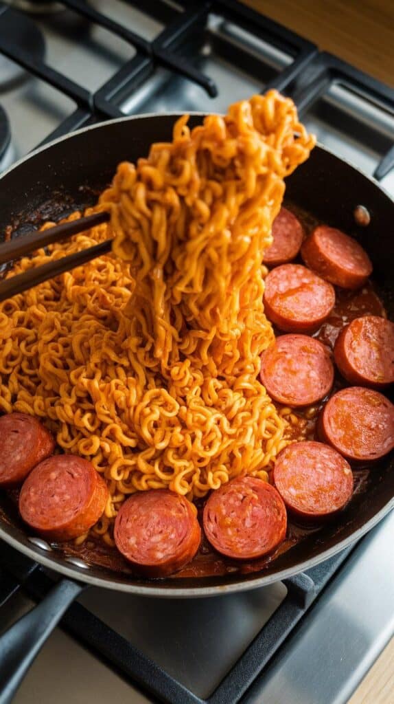 ramen noodles being tossed with sauce and kielbasa in a skillet, glistening with spicy sauce.