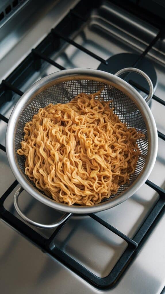 cooked ramen noodles being drained in a metal colander, steam rising.