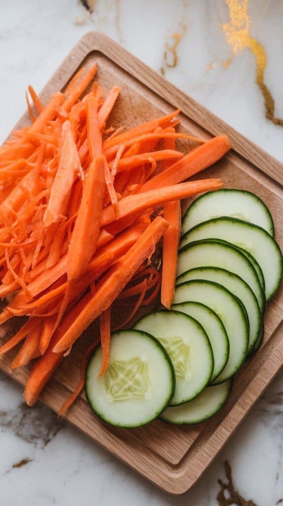 shredded carrots and thin cucumber slices side-by-side on a wooden cutting board, vibrant and fresh
