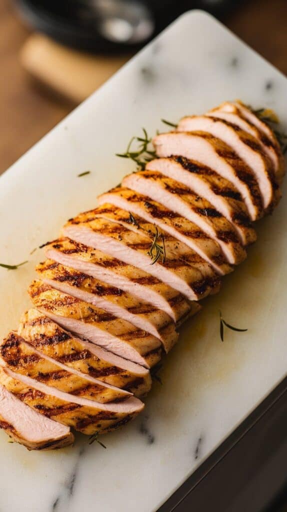 juicy sliced chicken breast with golden grill marks on a cutting board. White marble counters with hints of gold.