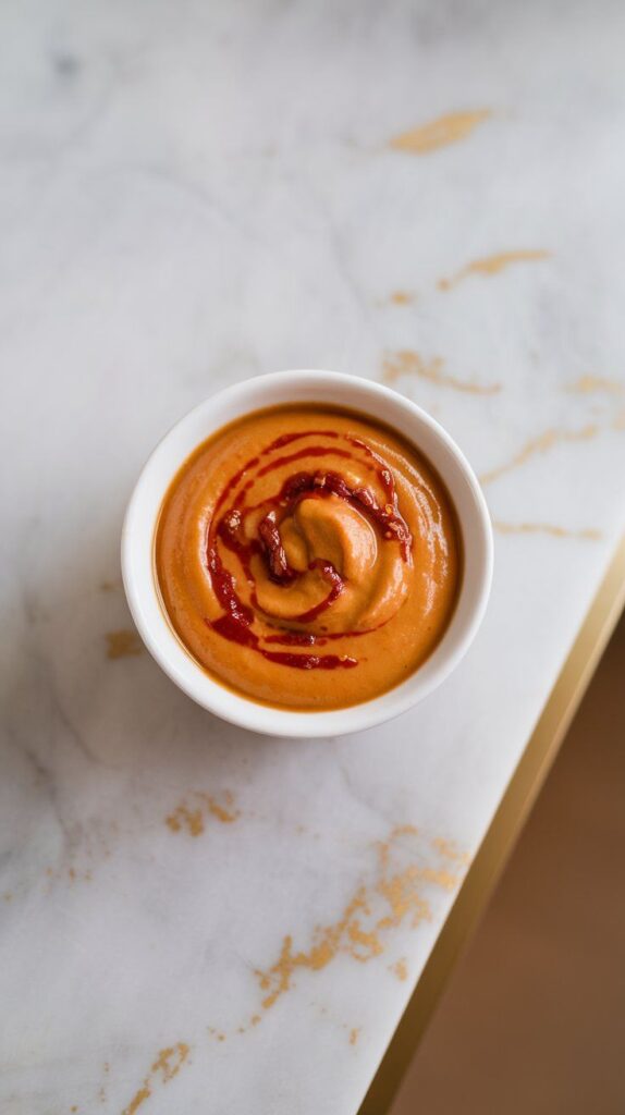 spicy peanut sauce being stirred in a small white bowl, smooth and glossy, with swirls of peanut butter and red chili sauce.