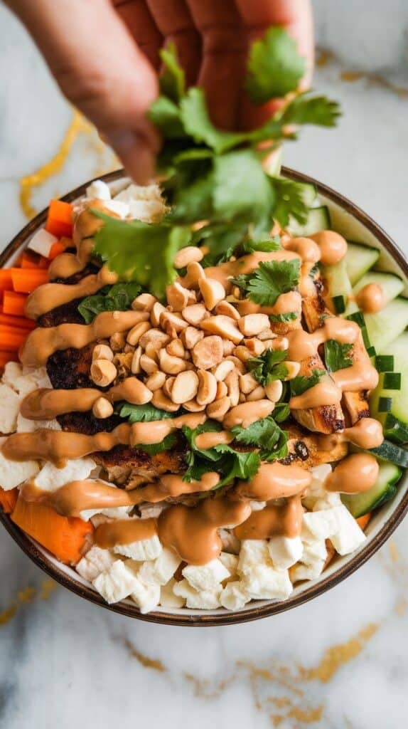 final toppings—chopped peanuts and cilantro scattered over the spicy peanut chicken bowl, with a lime wedge on the side.
