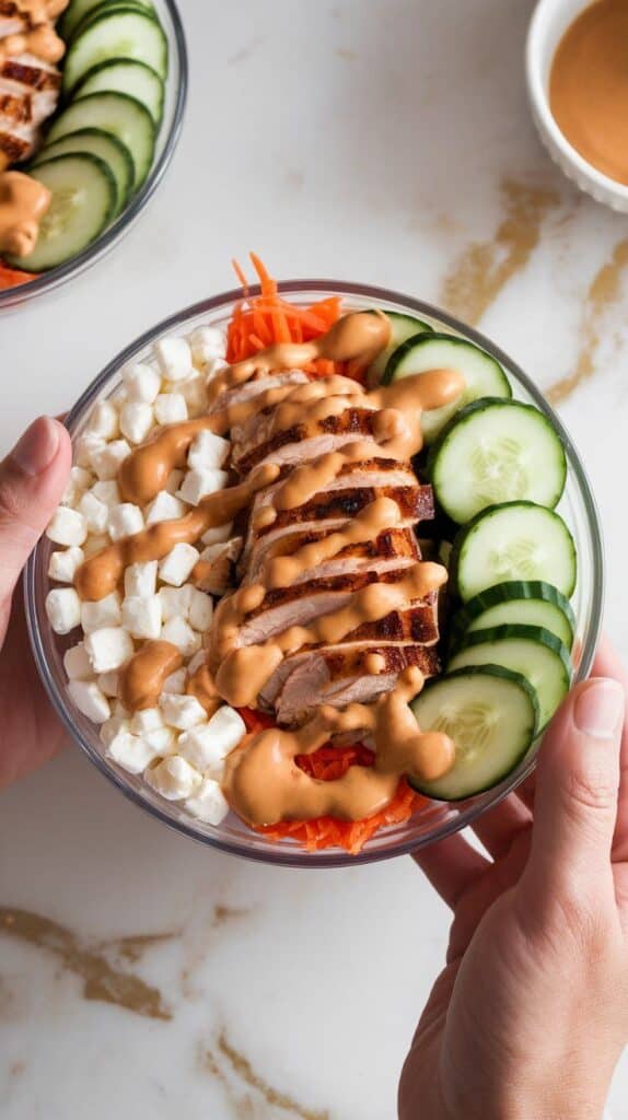 spicy peanut chicken bowl being assembled. Cottage cheese, grilled chicken, carrots, and cucumbers in neat sections, topped with peanut sauce drizzle.