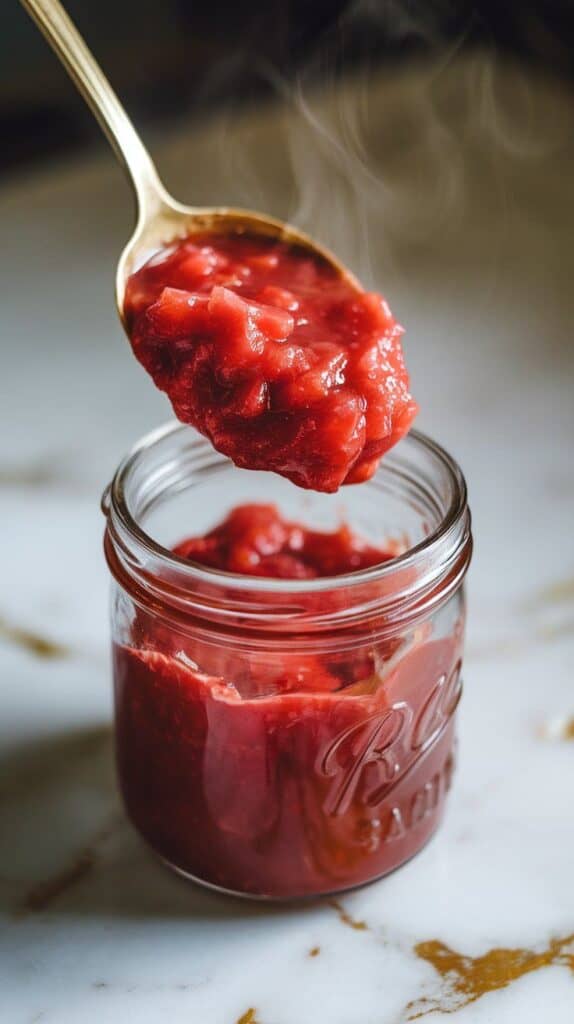 warm rhubarb relish being spooned into a clear jar, thick and glossy texture visible, steam still gently rising, jar placed