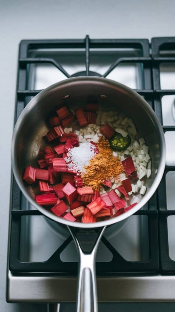 diced rhubarb, salt, and ground ginger being added to softened onion and jalapeño in the saucepan, vibrant rhubarb pieces mixing in