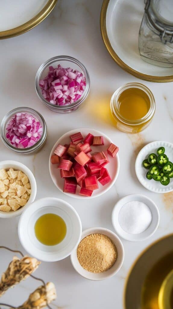 inely diced rhubarb on a small plate, chopped red onion in a clear bowl, minced jalapeño on a tiny plate, apple cider vinegar in a clear glass jar, brown sugar in a small bowl, olive oil in a small plate, salt and ground ginger