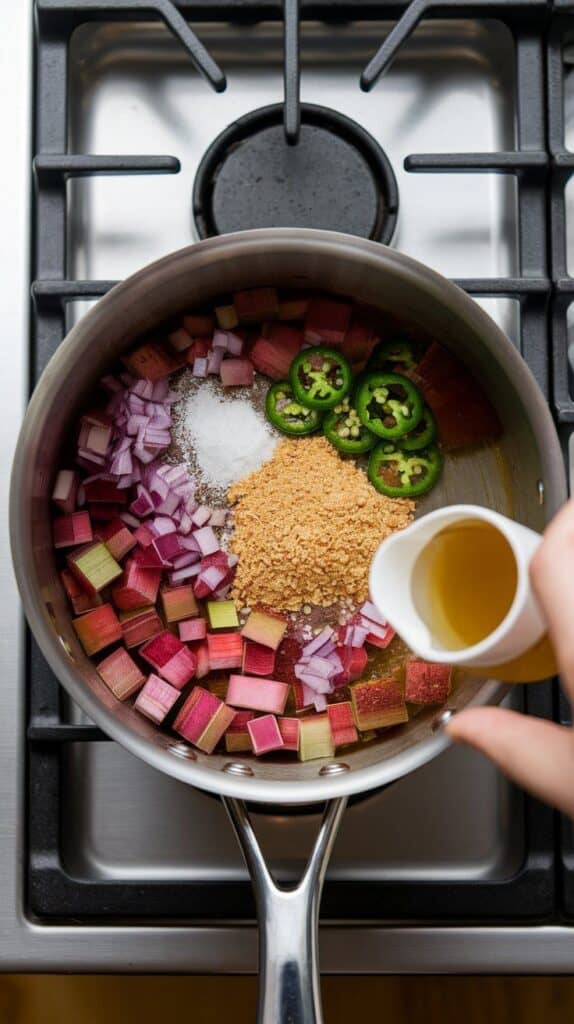 brown sugar and apple cider vinegar being added into the saucepan with rhubarb mixture, ingredients beginning to mix and bubble slightly