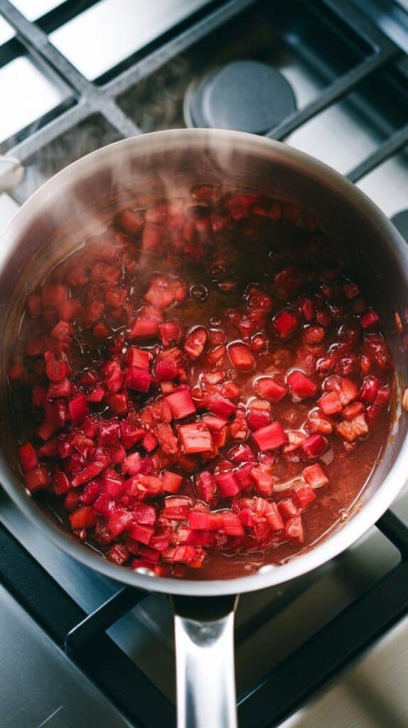 spicy rhubarb relish simmering, thickened texture forming, rhubarb broken down into a chunky jam-like consistency, steam rising from the saucepan
