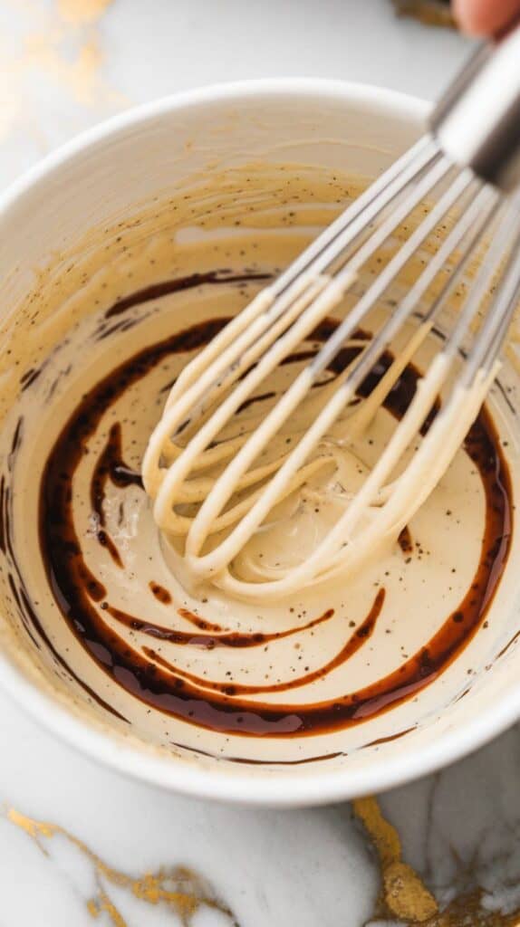 creamy dressing being whisked in a white bowl—mayo base with streaks of soy and flecks of togarashi visible.