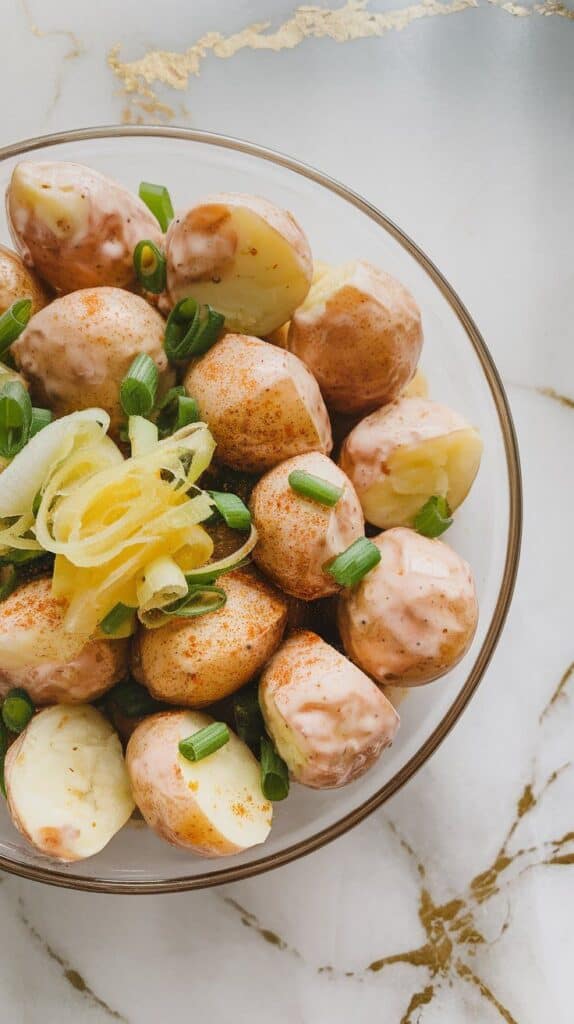 fully assembled potato salad in a serving bowl, creamy potatoes dotted with togarashi, topped with pink ginger ribbons and sliced green onions. White marble counter with hints of gold.