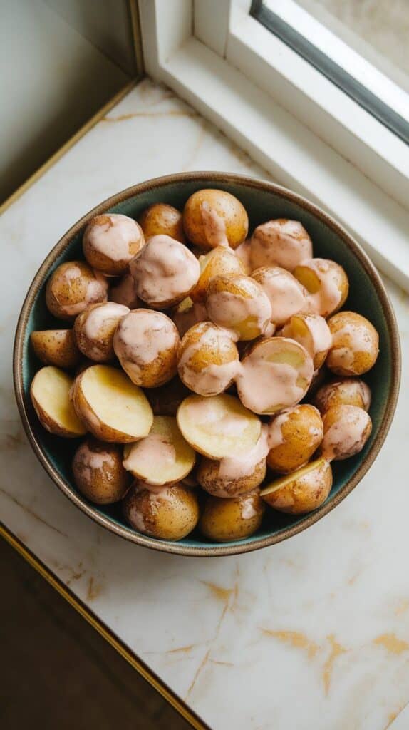 warm baby potatoes being mixed into creamy togarashi dressing in a large bowl.