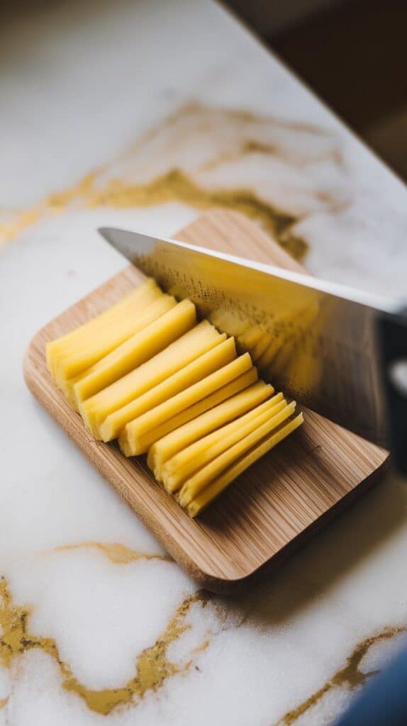 bright pink pickled ginger being sliced into fine ribbons on a small wooden cutting board.