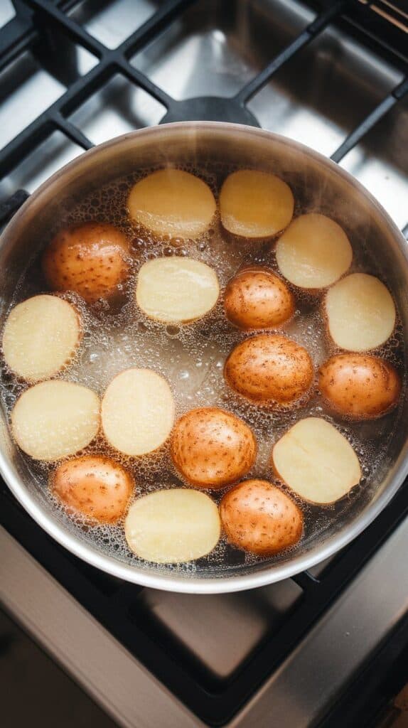 halved baby potatoes boiling in bubbling water. Potatoes are turning tender, steam visible.
