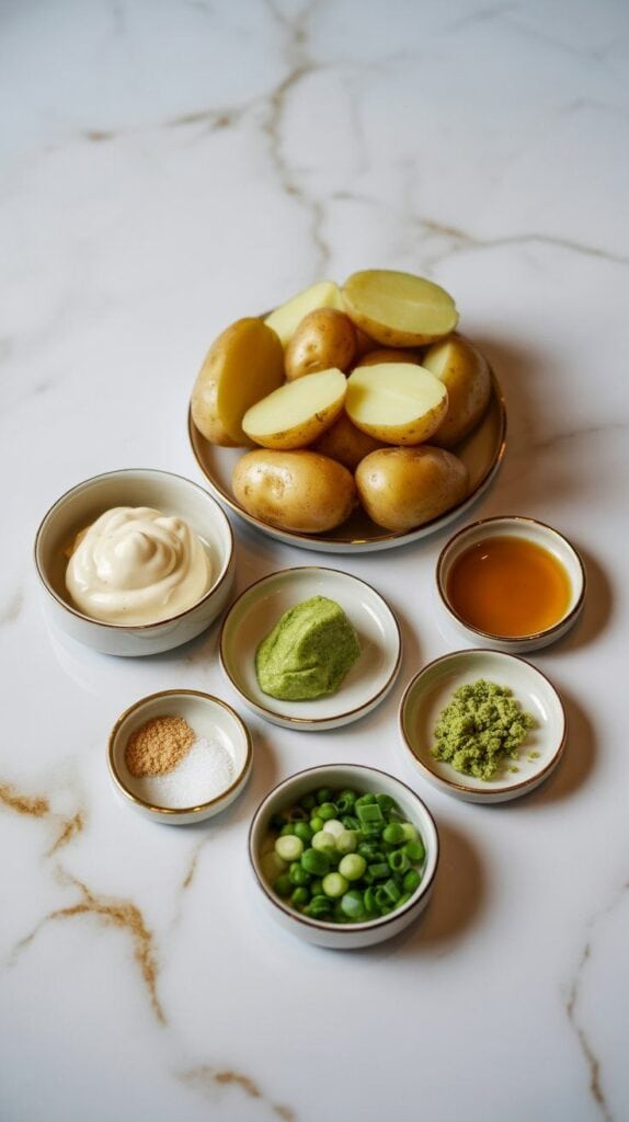 halved baby Yukon gold potatoes on a small plate, mayonnaise in a small plate, rice vinegar in a tiny plate, wasabi paste in a small plate, garlic powder and salt in pinch dishes, crushed wasabi peas in a small plate