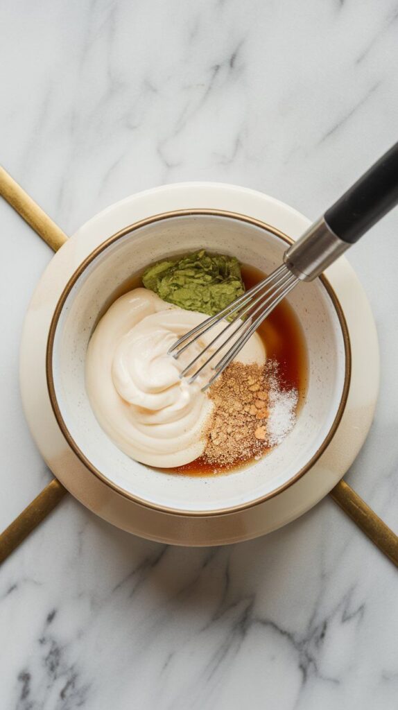 mayonnaise, rice vinegar, wasabi paste, garlic powder, and salt being whisked together in a small bowl to make a creamy dressing