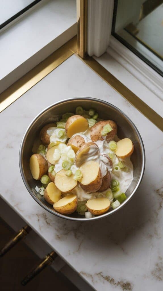 cooled potato halves and scallions being folded into creamy dressing in a bowl, everything coated but still chunky