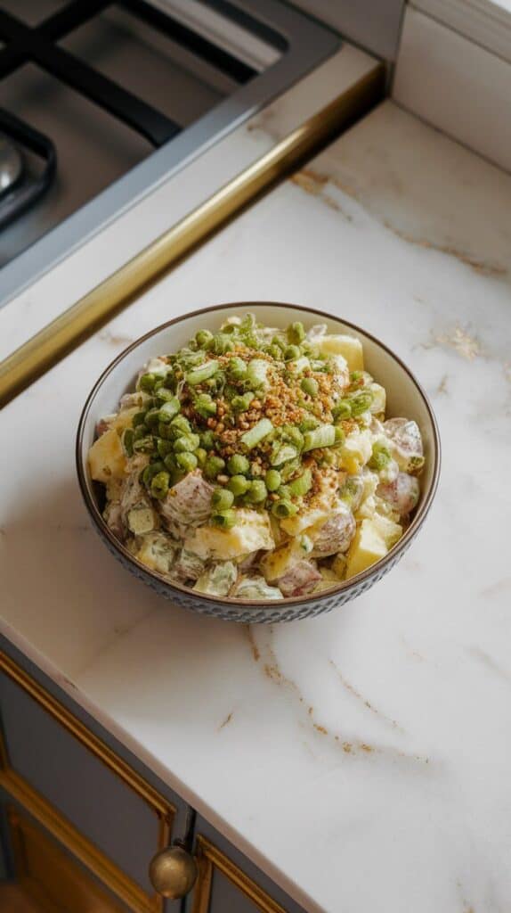 finished wasabi pea crusted potato salad in a wide serving bowl, topped with crushed peas and scallions