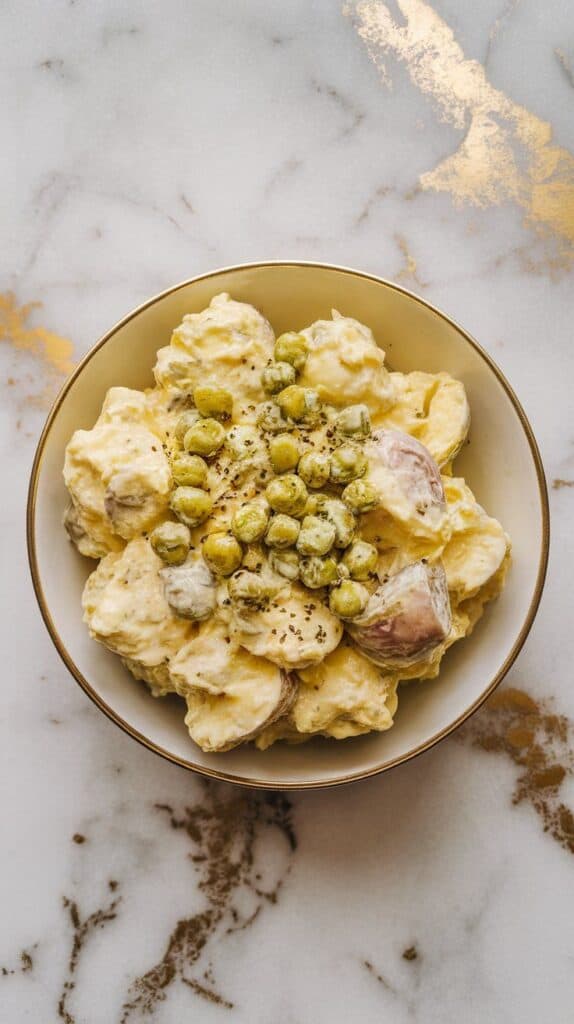 crushed wasabi peas being sprinkled over creamy potato salad, bits of green and crunch visible