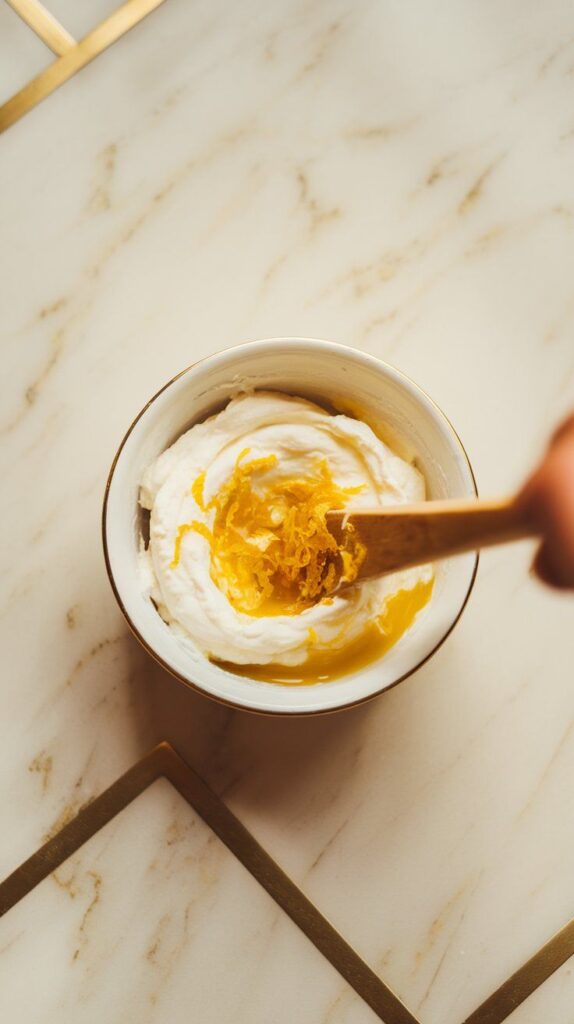 labneh being stirred with lemon juice and zest in a small bowl until creamy and smooth, bright flecks of zest visible