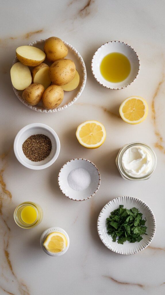 halved baby potatoes in a small plate, olive oil in a small plate, za’atar in a small plate, labneh in a clear glass jar, lemon zest and juice in a tiny plate and a tiny jar, salt in a pinch dish, chopped parsley in a small plate