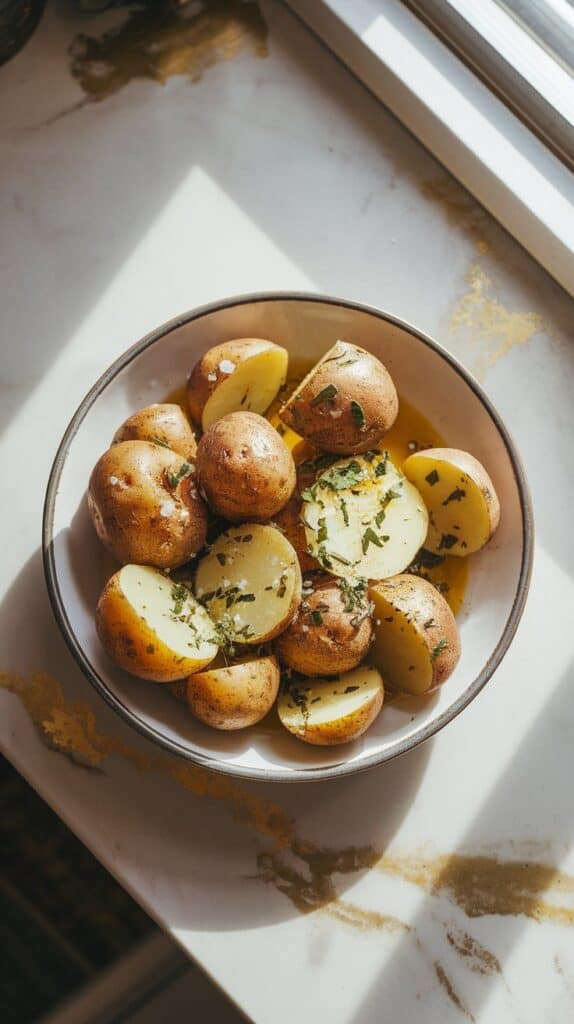 warm halved potatoes in a bowl being tossed with olive oil, za’atar, and salt, herbs clinging to the surface
