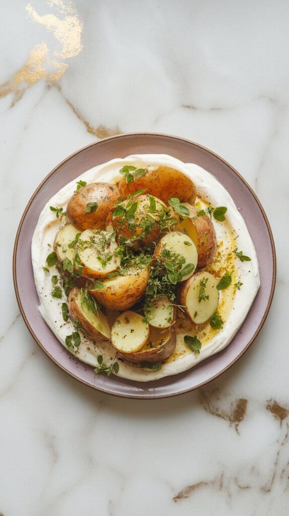 finished za’atar potato salad on a plate layered over lemon labneh, sprinkled with fresh herbs, served on white marble counters