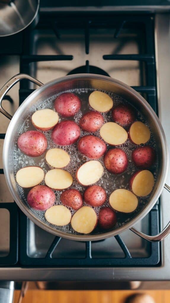 halved baby potatoes gently boiling in salted water, just starting to soften, on a modern stainless steel gas stove