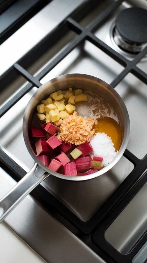 diced rhubarb, grated ginger, honey, apple cider vinegar, salt, and water just added into a small saucepan, ingredients unmixed but nestled together, on a modern stainless steel gas stove