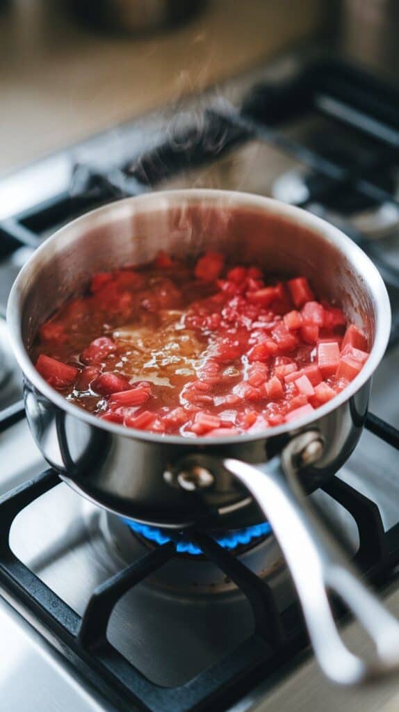 rhubarb sauce mixture starting to bubble and soften in the saucepan, honey dissolving and steam rising lightly