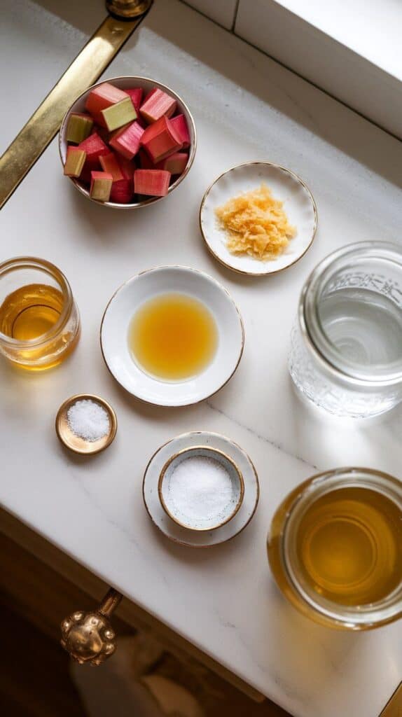 diced rhubarb on a small plate, freshly grated ginger on a small plate, honey in a tiny jar, apple cider vinegar in a clear glass jar, salt in a pinch dish, and water in a clear glass jar, all stored in unlabeled jars or small plates and neatly arranged