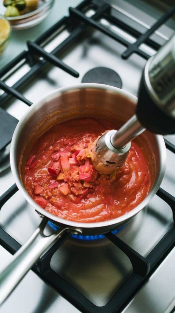 thickened rhubarb ginger sauce being blended directly in the saucepan with an immersion blender, texture going from chunky to silky, on a modern stainless steel gas stove
