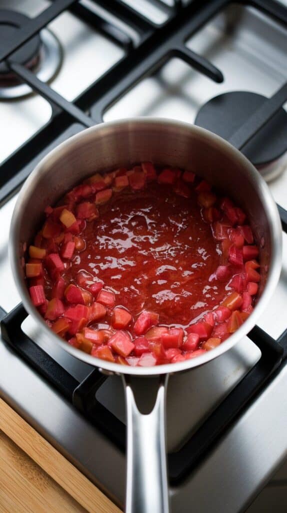 zesty rhubarb ginger sauce thickening in the saucepan, rhubarb fully broken down into a jammy texture, glossy finish starting to form, on a modern stainless steel gas stove