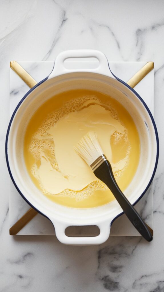 a hand spreading butter into a white ceramic baking dish using a brush, ready for the casserole.