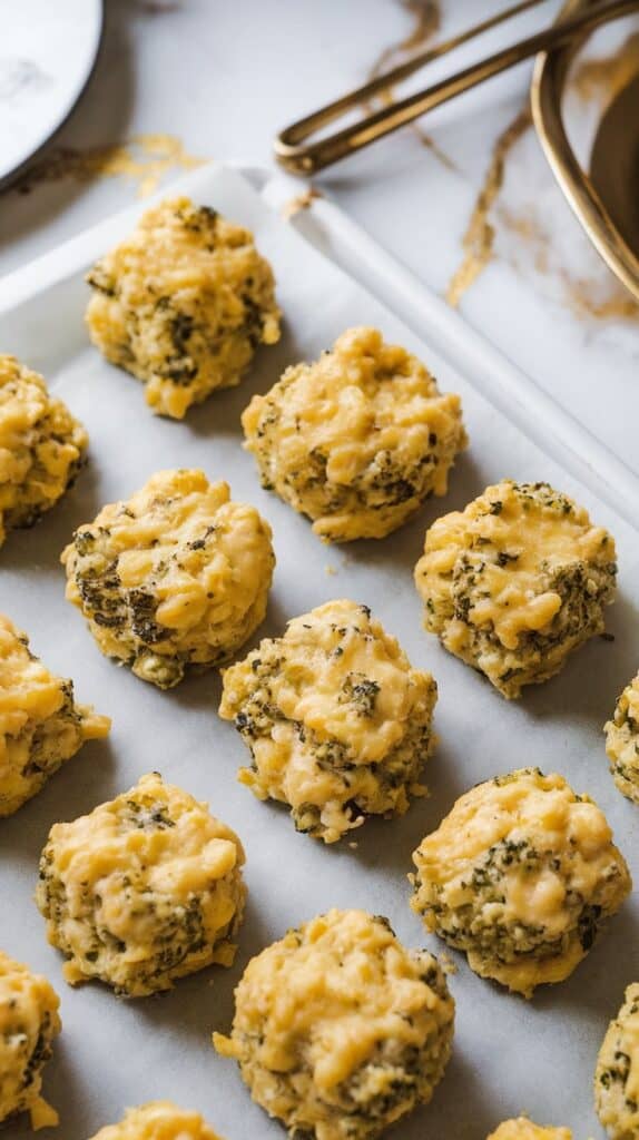 neatly spaced broccoli tots on parchment paper, lightly misted with olive oil, ready to bake.