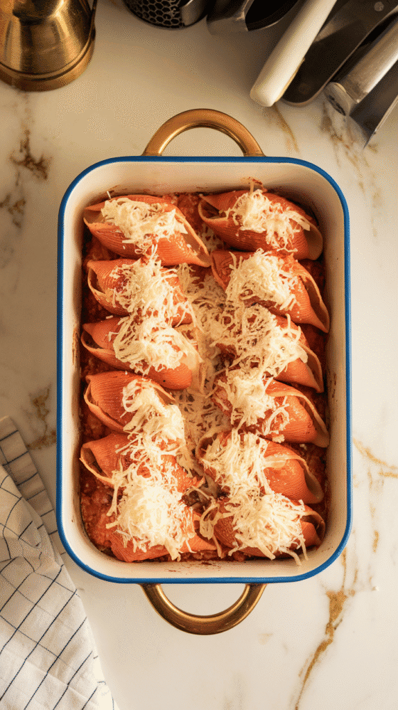 stuffed shells neatly arranged in a baking dish over marinara, with more sauce being spooned over the top