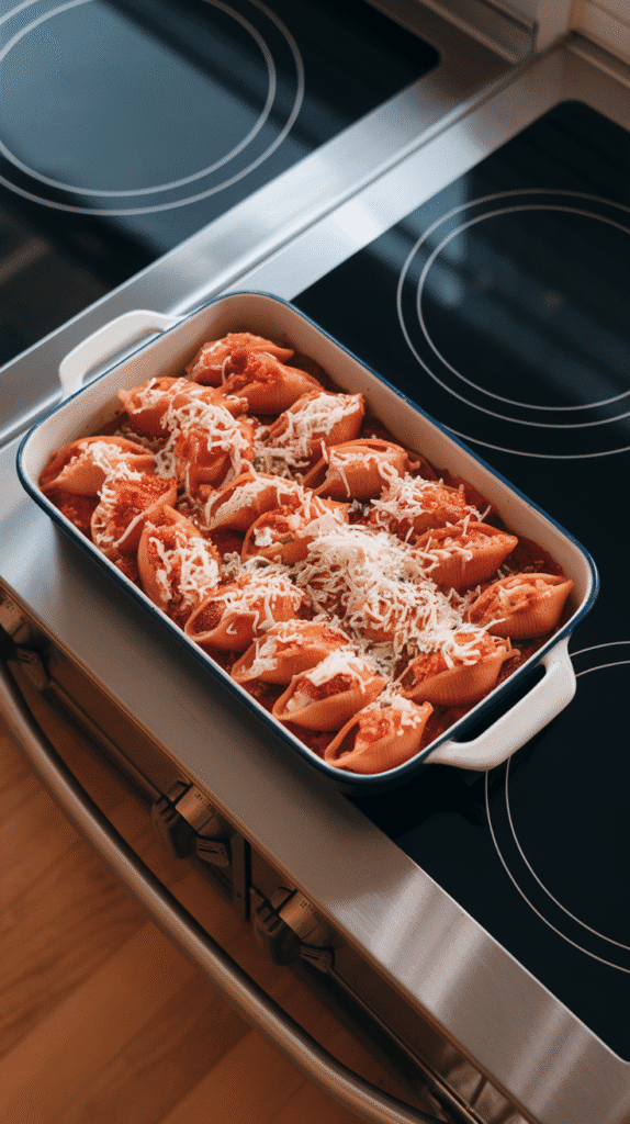 bubbling stuffed shells in the oven, cheese melted and edges starting to brown, on a modern stainless steel double oven