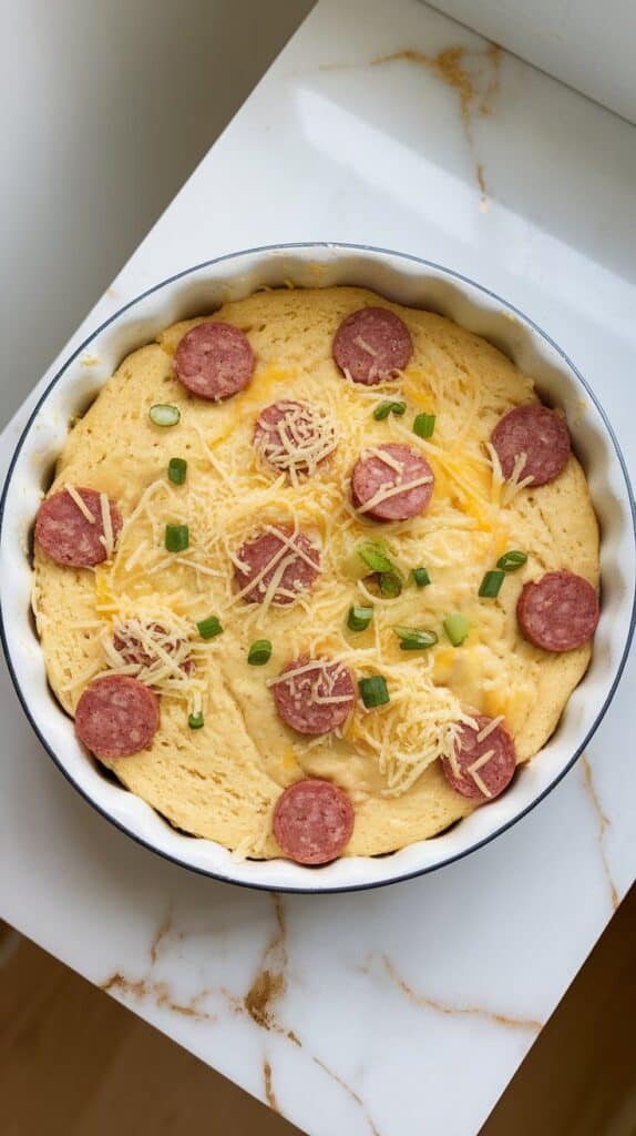 thick cornbread batter with chunks of kielbasa, shredded cheddar, and green onion stirred in