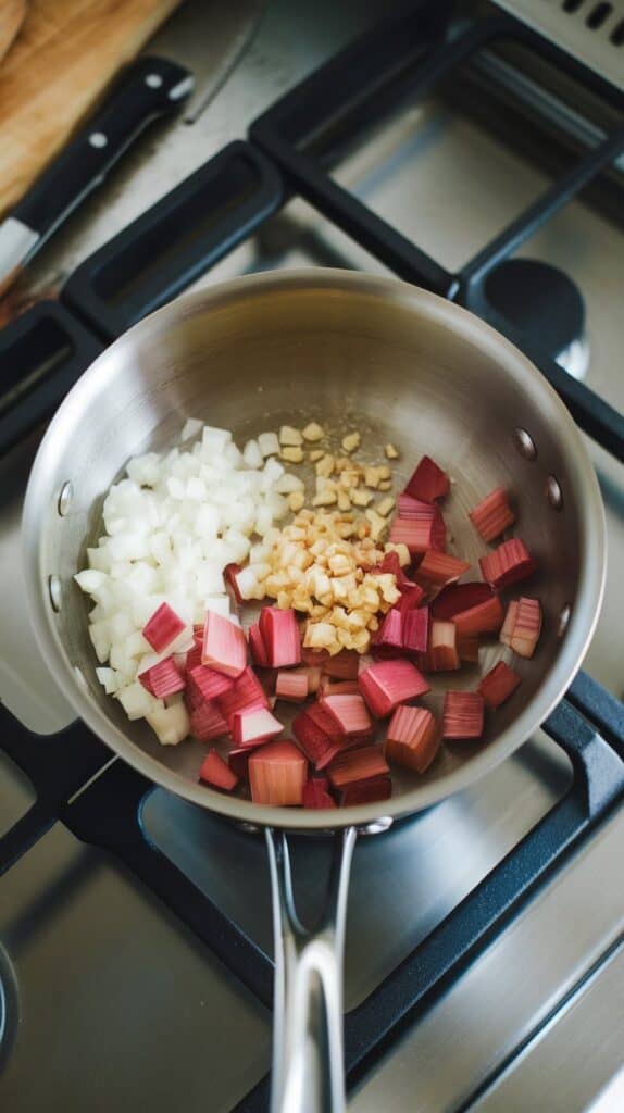diced onion, minced garlic, and chopped rhubarb softening in a pan with olive oil.