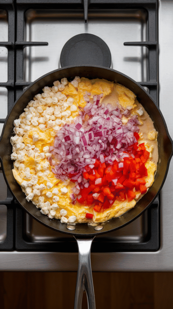 small curd cottage cheese being folded into soft scrambled eggs and veggies in the skillet, turning creamy, on a modern stainless steel gas stove