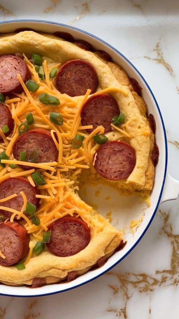 golden baked casserole in a white dish with browned cheesy edges and visible kielbasa slices.