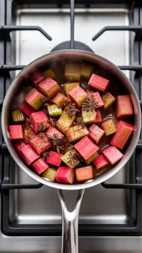 rhubarb chunks coated in spices in the saucepan, starting to soften and steam
