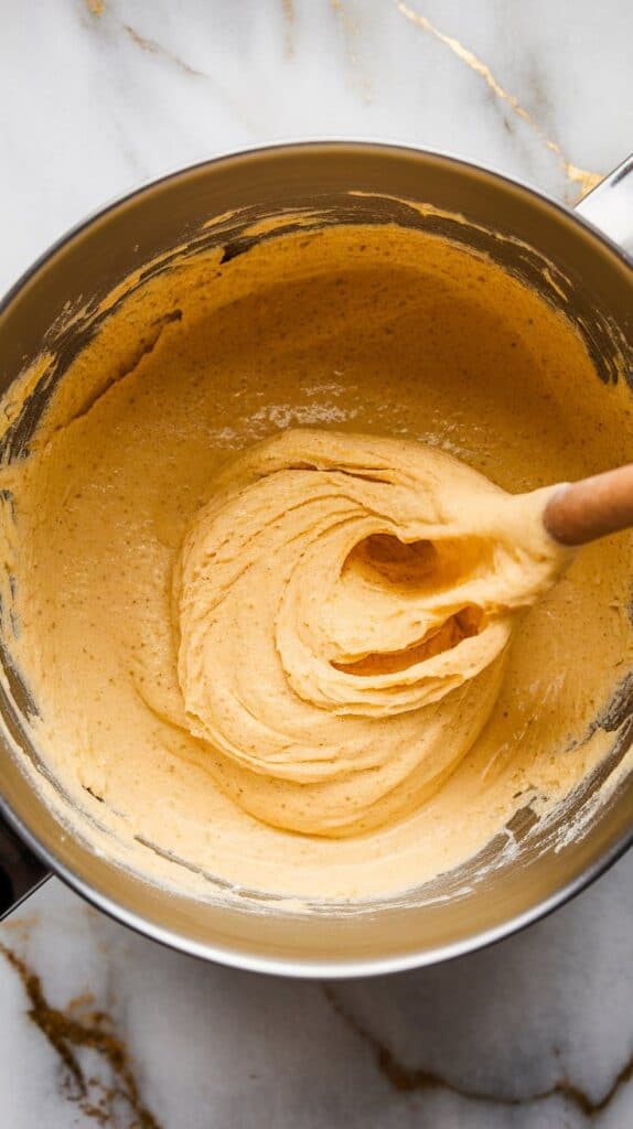 cornbread batter being stirred in a mixing bowl, pale yellow and slightly lumpy with streaks of yolk and flour still visible